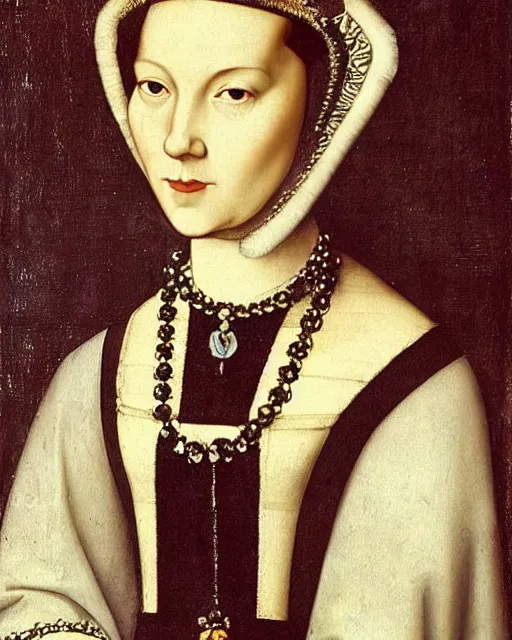 Prompt: “Anne Boleyn in modern times, painting by Hans Holbein”