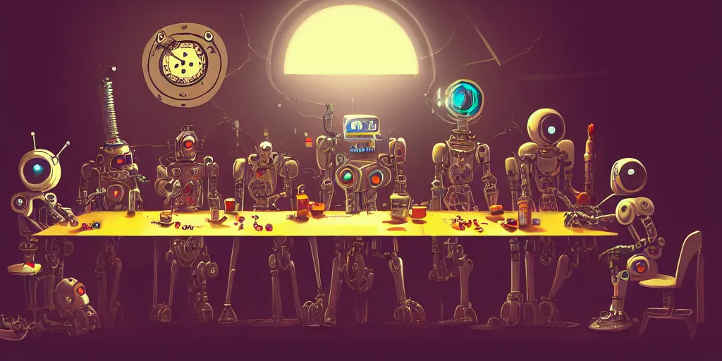 Image similar to clockpunk robot last supper, digital painting, trending on artstation, sharp focus, 4 k