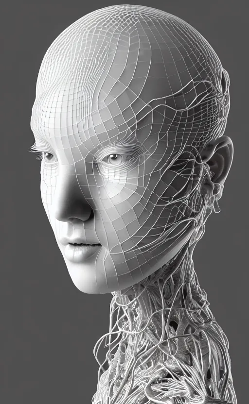 Image similar to complex 3d render ultra detailed of a beautiful porcelain profile woman face, hazel eyes, vegetal dragon cyborg, 150 mm, beautiful natural soft light, rim light, silver platinum details, magnolia big white infrared leaves and stems, roots, fine lace, maze like, mandelbot fractal, anatomical, facial muscles, cable wires, microchip, elegant, white metallic armor, octane render, black and white, H.R. Giger style