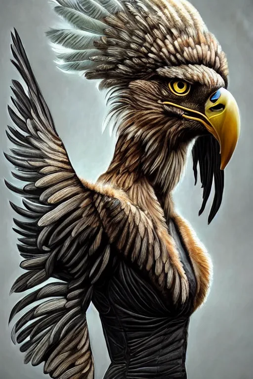 Prompt: epic professional digital art of female human - eagle hybrid animal wearing air force jumpsuit, humanoid feathered head, eagle beak, painting, by lisa roet, reyna rochin, iris van herpen, leesha hannigan, artstation, cgsocietywlop, epic, much wow, much detail, gorgeous, detailed, cinematic, masterpiece