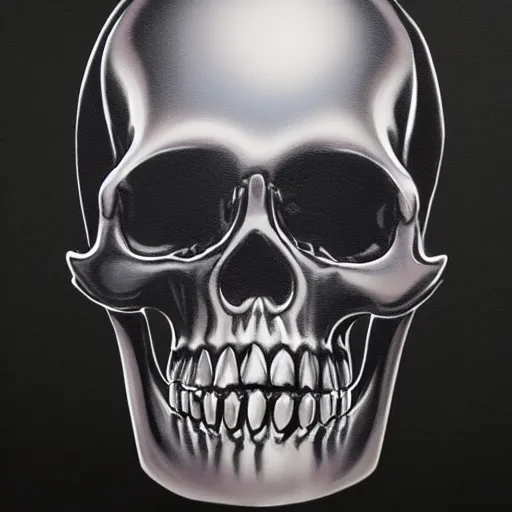 Prompt: airbrush painting of a chrome - plated skull on a black background