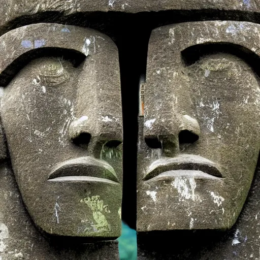 Image similar to a high detail photo of a moai wearing headphones