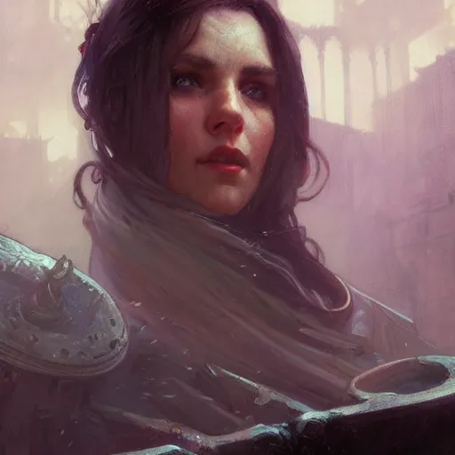 Image similar to closeup portrait of an artificer, dungeons and dragons character, dramatic lighting, castle background, gorgeous view, realistic, high detail, digital art, painted by greg rutkowski, painted by jeremy mann, painted by alphonse mucha, trending on artstation