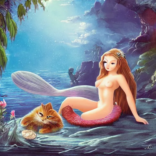 Image similar to a mermaid meets a kitten, fantasy illustration,