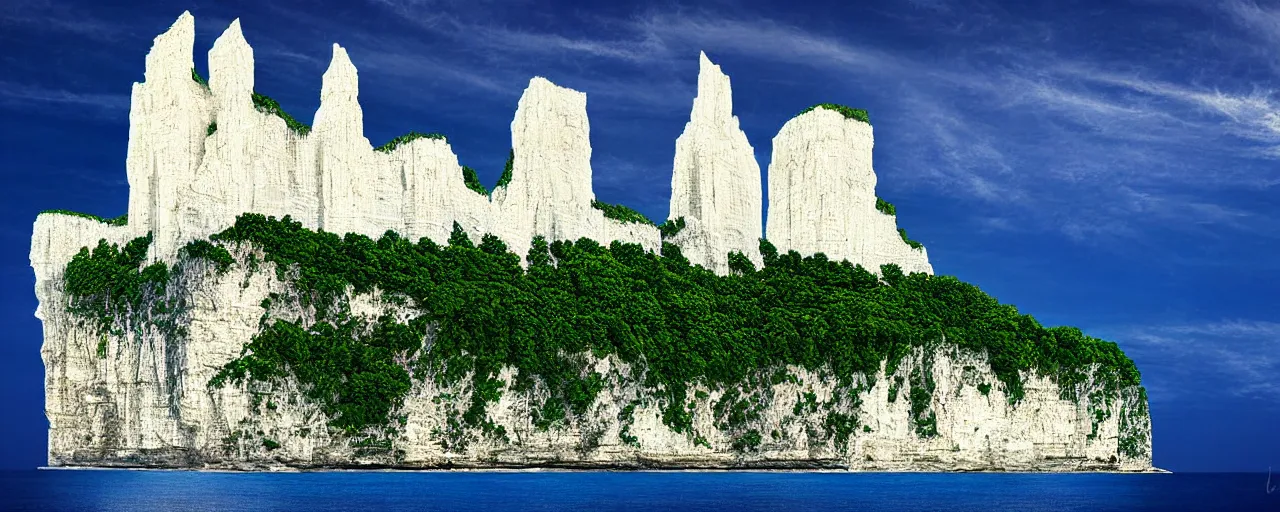 Prompt: tall white grand cathedral on sheer limestone cliff view from the ocean, illuminated by sunbeams, high fantasy, bloom, digital art, intricate detail