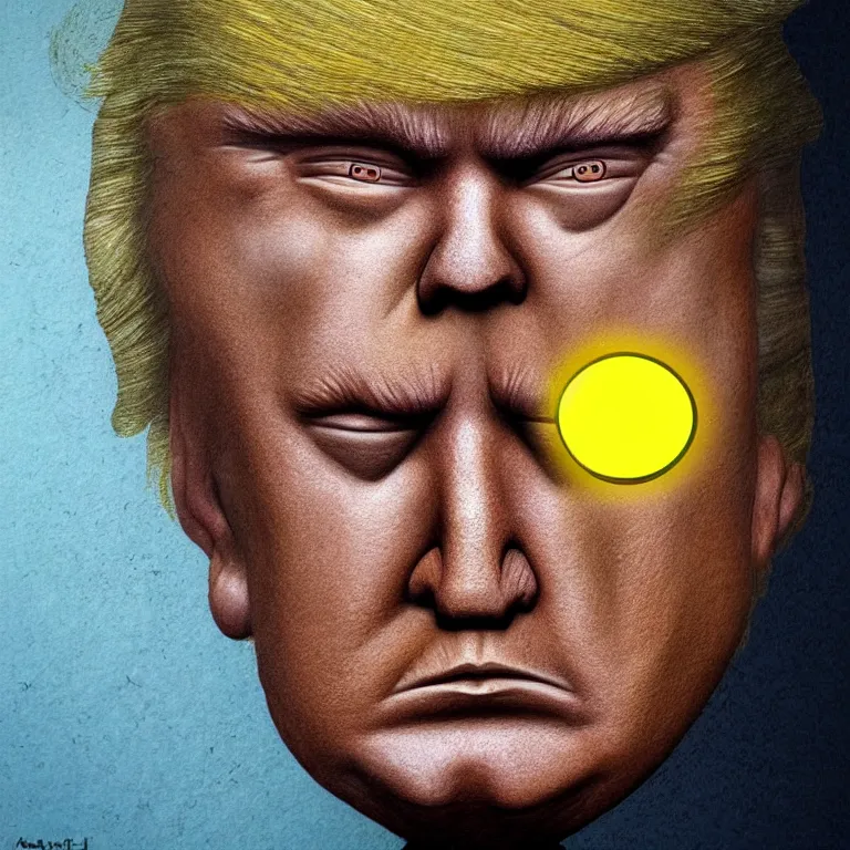 Image similar to a cartoon face, in the likeness of Donald Trump, with glowing yellow eyes, in style of Tom Bagshaw