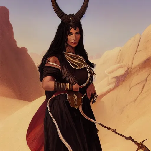 Prompt: portrait of a berber tiefling woman with long straight horns and black hair in a desert, strong, fierce, elegant, fantasy, highly detailed, digital painting, artstation, concept art, character art, art by greg rutkowski and tyler jacobson and alphonse mucha