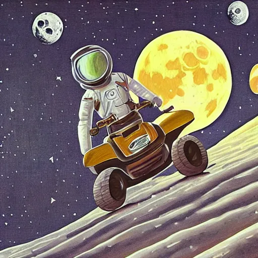 Prompt: painting of monkey wearing a space helmet riding an atv on the moon, jim burns style