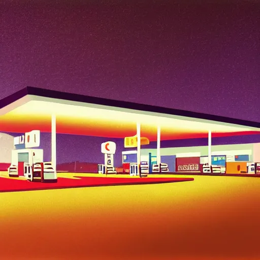 Image similar to a matte painting of a gas station at night by emiliano ponzi, james gilleard, george ault, david hockney, albert namatjira, minimalist, bauhaus, retrofuturism, postminimalism, concept art, matte background, matte drawing, space art, generative art