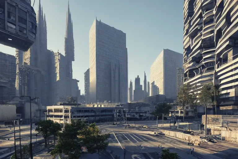 Image similar to streetscape, a towering cathedral of brutalist architecture, buildings covered with greebles, stunning volumetric light, sunset, metal, concrete and translucent material, stunning skies, majestic landscape, trending on Artstation, 8k, photorealistic, hyper detailed, unreal engine 5, IMAX quality, cinematic, epic lighting, in the style of Greg Rutkowski