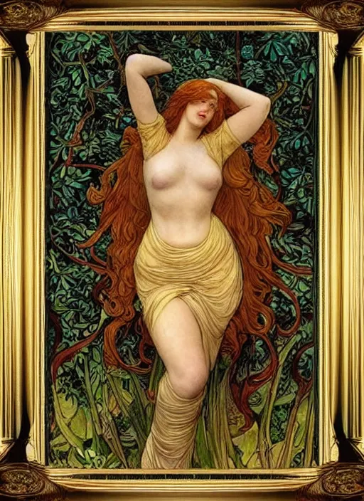 Image similar to masterpiece beautiful seductive flowing curves pose preraphaelite portrait photography, straight bangs, thick body, yellow ochre ornate medieval dress, mushroom forest arch, william morris and kilian eng and mucha, framed, 4 k