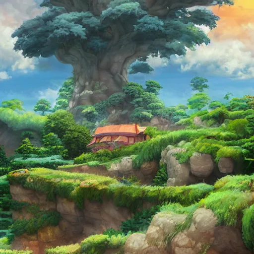 Prompt: a beautiful landascape in the style of Studio Ghibli, realistic painting, high definition, digital art, matte painting, very detailed