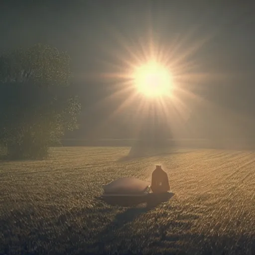 Prompt: a priest sleeping in a twisting wicker coffin, foggy, sun rays, cinematic shot, photo still from movie by denis villeneuve, wayne barlowe