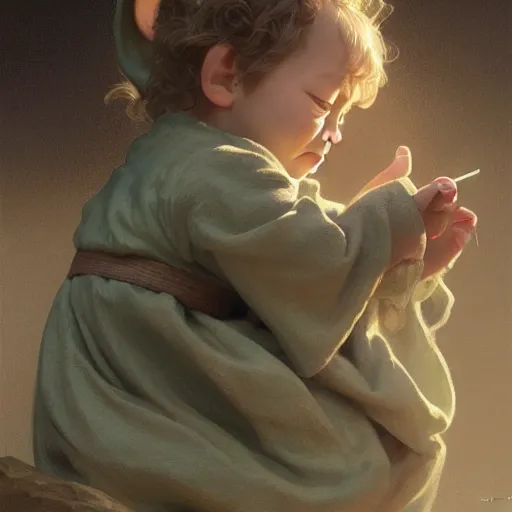 Image similar to baby yoda in the role of frodo bagging, intricate, elegant, highly detailed, digital painting, artstation, concept art, smooth, sharp focus, illustration, art by artgerm and greg rutkowski and alphonse mucha and william - adolphe bouguereau