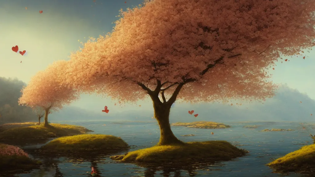 Image similar to a beautiful landscape matte painting of cherry trees with petals flying in the sky, beside a river, by christophe vacher, trending on artstation