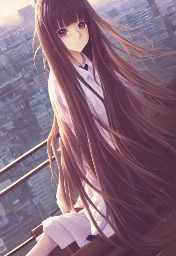 Image similar to beautiful full body portrait of a lone anime female with long flowing hair, wearing Japanese school uniform, standing on a balcony overlooking downtown Tokyo, D&D, fantasy, intricate, elegant, highly detailed, digital painting, artstation, concept art, smooth, sharp focus, illustration, art by ilya kuvshinov and WLOP and Ruan Jia and Krenz Cushart and greg rutkowski and alphonse mucha