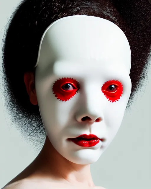 Image similar to portrait of a woman wearing a white embroidered translucent silicone mask and white red frizzy hair buns, wearing a black bodysuit by alexander mcqueen, cream white background, soft diffused light, biotechnology, humanoide robot, bjork aesthetic, translucent, by rineke dijkstra, intricate details, highly detailed, masterpiece,