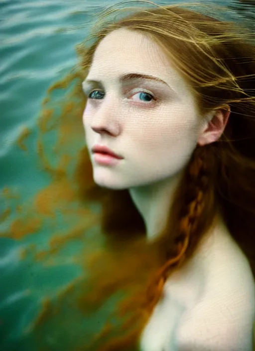 Image similar to Kodak Portra 400, 8K, soft light, volumetric lighting, highly detailed, britt marling style 3/4, portrait photography of a beautiful woman how pre-Raphaelites, half face in the water, nose eyes and mouth out of the water ,a beautiful lace dress and hair are intricate with highly detailed realistic beautiful flowers , Realistic, Refined, Highly Detailed, natural outdoor soft pastel lighting colors scheme, outdoor fine art photography, Hyper realistic, photo realistic