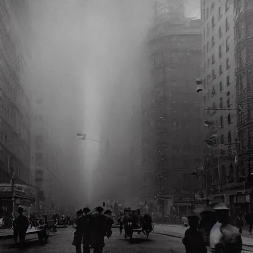 Prompt: old black and white photo, 1 9 1 3, depicting a giant alien dieselpunk octopus rampaging through the bustling streets of new york city, historical record, volumetric fog