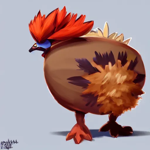 Image similar to A pokemon that looks like a rooster, The coconut shell wrapped around him,The rooster hides inside and sticks his head out to peek，Trending on art station. Unreal engine.