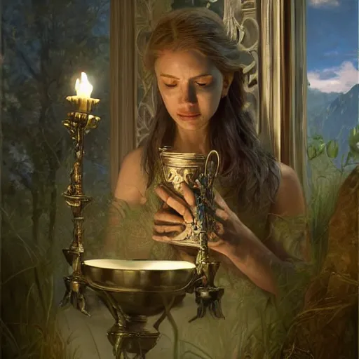 Image similar to epic masterpiece of cinematographic hyperrealism where an archeologist finds a goblet of immortality. realistic shaded lighting poster by craig mallismo, artgerm, jeremy lipkin and michael garmash, unreal engine, detailed and intricate environment, digital art, art station trends, horror, matte