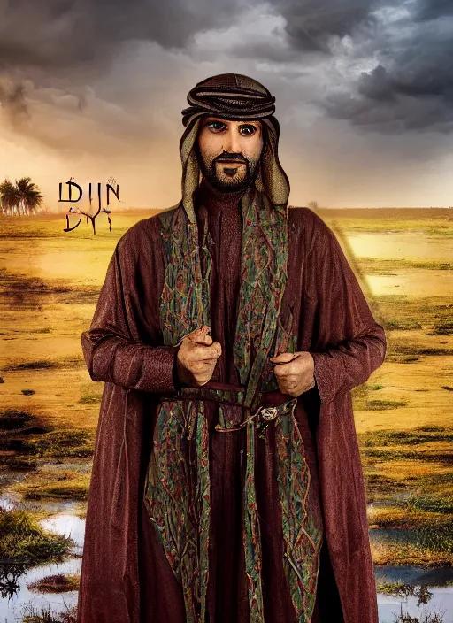 Image similar to portrait of sheikh ruler of dubai, djinn, landscape, swamp, marsh lands, surreal, demented, art style avant - garde, cinematic lighting, studio quality, godly, comic book, 4 k, active, scenic, fury, fiery, dramatic entry