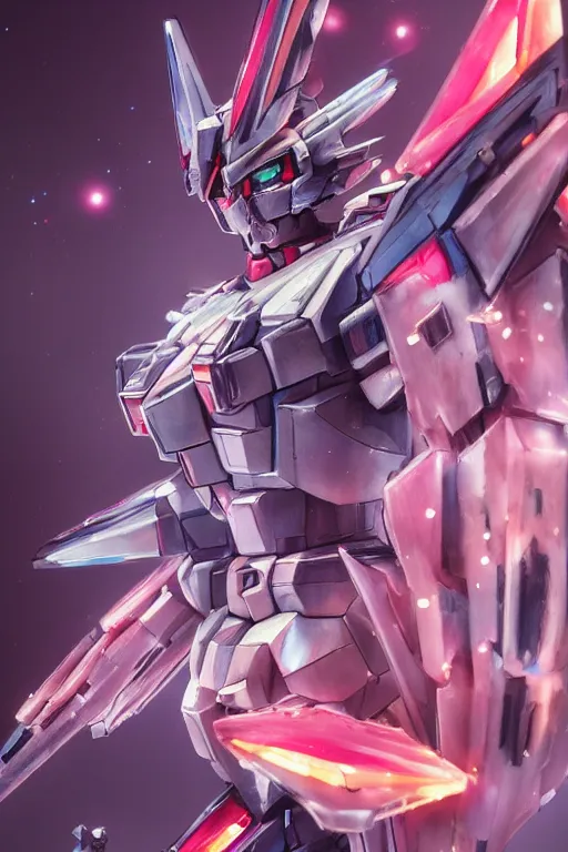 Image similar to A fancy portrait of a crystalized gundam by Greg Rutkowski, beeple, Sung Choi, Mitchell Mohrhauser, Maciej Kuciara, Johnson Ting, Maxim Verehin, Peter Konig, final fantasy, macro lens, 35mm, 8k photorealistic, cinematic lighting, HD, high details, dramatic, dark atmosphere, trending on artstation