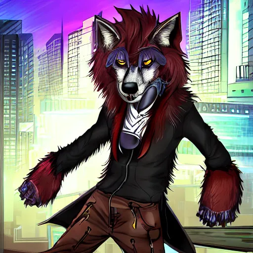 Prompt: beautiful furry art portrait digital art commission of a furry anthro wolf fursona wearing punk clothes in the streets of a cyberpunk city. character design by rick griffin, miles df