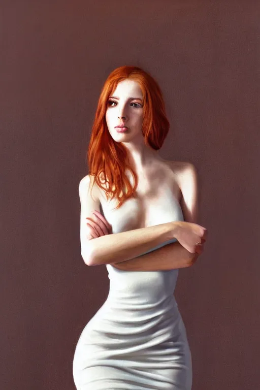 Prompt: ultra realist soft painting of a single beautiful female in a full long curvy slim dress, thin long auburn hair, symmetry accurate features, very intricate details, volumetric lighting, 1970 artstyle