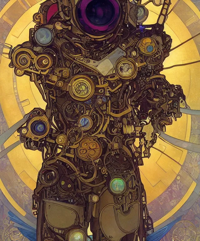 Image similar to realistic detailed portrait of a korgi! mecha cyberpunk! mage! by alphonse mucha and charlie bowater and art germ, rule of thirds, golden ratio, art nouveau! cyberpunk! style, mechanical accents!, mecha plate armor, glowing leds, flowing wires with leaves, art nouveau accents, art nouveau patterns and geometry, rich deep moody colors