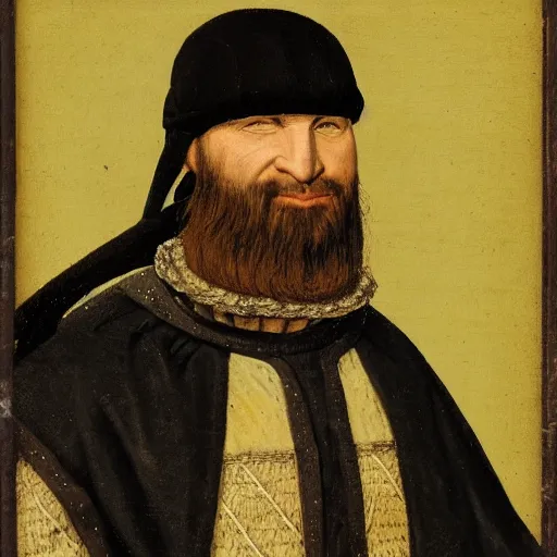 Image similar to medieval nobleman, bald with a black beard and a serious look on his face.