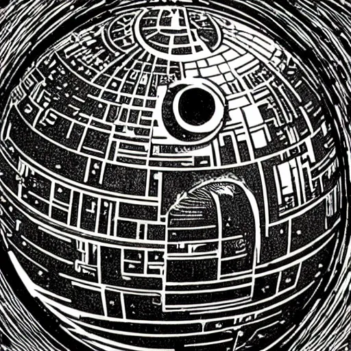 Image similar to escher woodcut of the death star from star wars