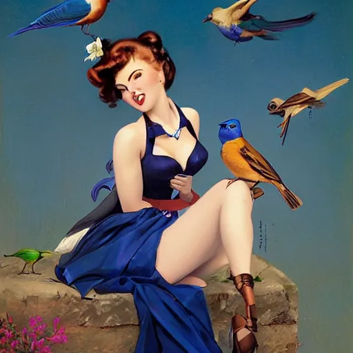 Image similar to portrait of a pinup girl holding an indigo bunting, bird, the bird is wearing a bowtie, by greg rutkowski, rossdraws, gil elvgren, enoch bolles, anime, porcelain skin, very coherent