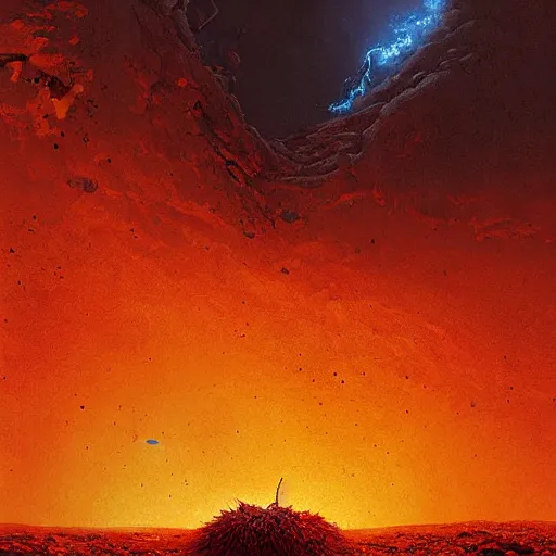 Image similar to A digital painting of a meteorite made of an insect hive burning up in the atmosphere, Wayne Barlowe Greg Rutkowski Jessica Rossier