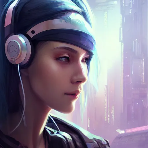 Image similar to cyberpunk girl with headset, with techware, intricate, elegant, highly detailed, digital painting, japanese, unreal engine 5, trending on artstation, concept art, studio ghibli, illustration, art by artgerm and greg rutkowski and alphonse mucha