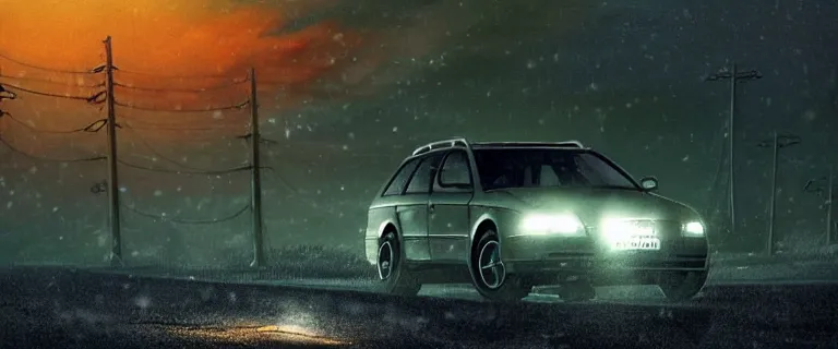 Image similar to Audi A4 B6 Avant (2002), a gritty neo-noir, dramatic bright lighting, cinematic, establishing shot, extremely high detail, photorealistic, cinematic lighting, artstation, by simon stalenhag, Snowy mountain road, At night, flashing lights