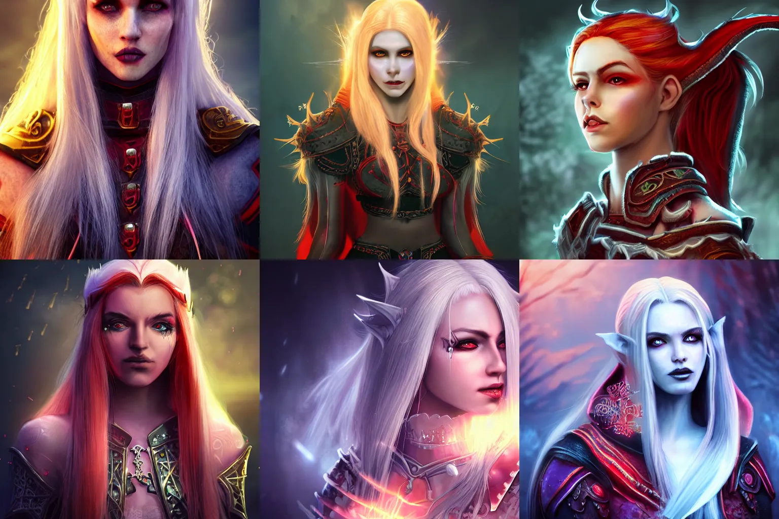 Prompt: a necromancer character, symmetrical young female face game portrait, long white hair, spiky elf ears, ultra HD, hand painted style, ambient light background with particles, blurred castle on the back, rim light on character, toned colours, red clothes, light skin, warcraft real style
