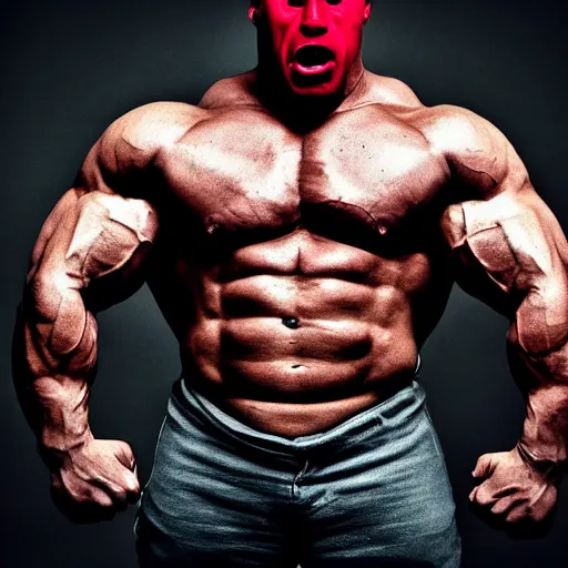 Prompt: huge muscles bodybuilder toddler, angry, ready to fight, clenched fists, red face, 2 years old, steroids, barrel chested, rippling muscles, huge veins, bulging muscles, ripped, award winning photography, high detail
