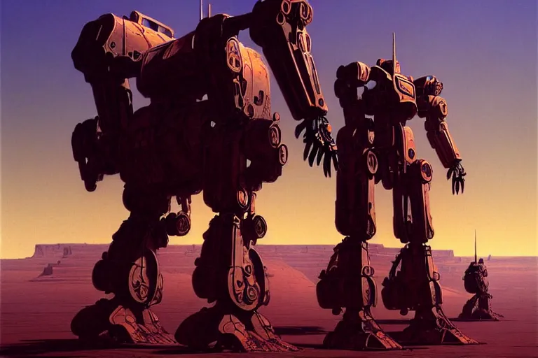 Prompt: gigantic mecha walking through the desert, intricate, elegant, dramatic lighting, highly detailed, artstation, concept art, smooth, sharp focus, illustration, art by syd mead and beksinski