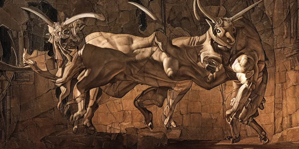 Image similar to Minotaur in a Maze, by Caravaggio, studio ghibli, cinematic lighting, intricate, highly detailed, digital painting, trending on artstation, Illustration, epic scale