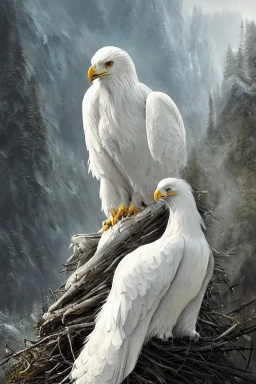 Image similar to portrait of majestic white eagle on his Nest in the mountains, Single face, dramatic lighting, cinematic, establishing shot, extremly high detail, photo realistic, cinematic lighting, post processed, concept art, artstation, matte painting, style by eddie mendoza, raphael lacoste, alex ross