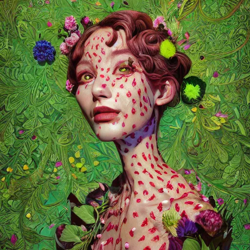 Prompt: the portrait of an absurdly beautiful, graceful, elegant, sophisticated, vogue woman made of strawberries and green petals looking up, an ultrafine hyperdetailed illustration by kim jung gi, irakli nadar, intricate linework, bright colors, octopath traveler, final fantasy, unreal engine 5 highly rendered, global illumination, radiant light, detailed and intricate environment