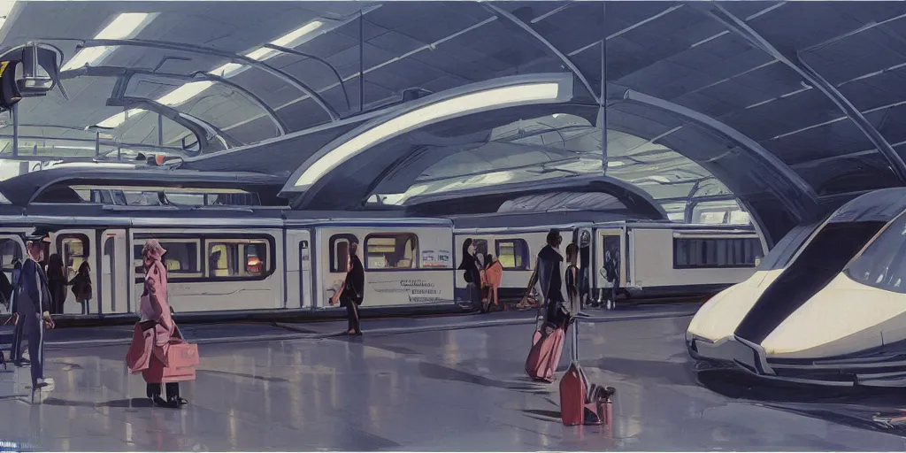 Image similar to retrofuturistic train station by syd mead and ron cobb