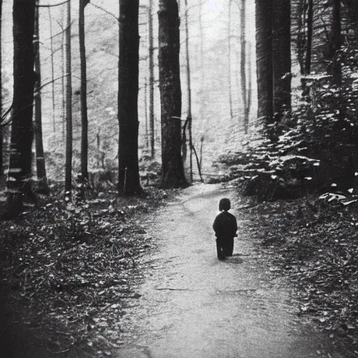 Prompt: photo from 1900s elmo walking in the forest, black and white, blurred