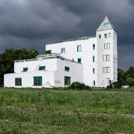 Prompt: enormous white building with small windows in the middle of a green pairie, strange, disproportioned, weird, odd architecture, hyper detailed, whitewash, old, abandoned,