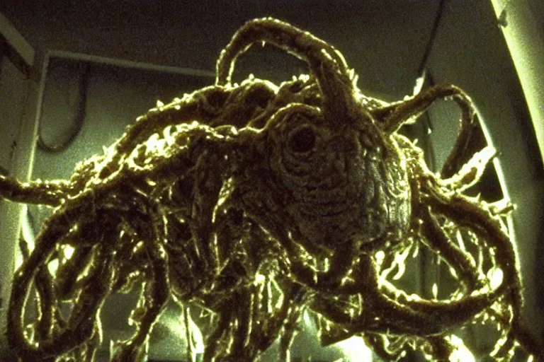 Image similar to scary backlit filmic wide shot angle movie still 35mm film color photograph of a shape shifting horrific nightmarish abstract alien organism from The Thing 1982 spewing toxic liquid from an alien plant made out of guts and flesh protruding from its head, inside of a lab, in the style of a horror film