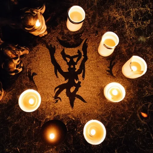 Image similar to ancient demon summoning, magic, shot from drone, witchcraft, night, bright candles, circle