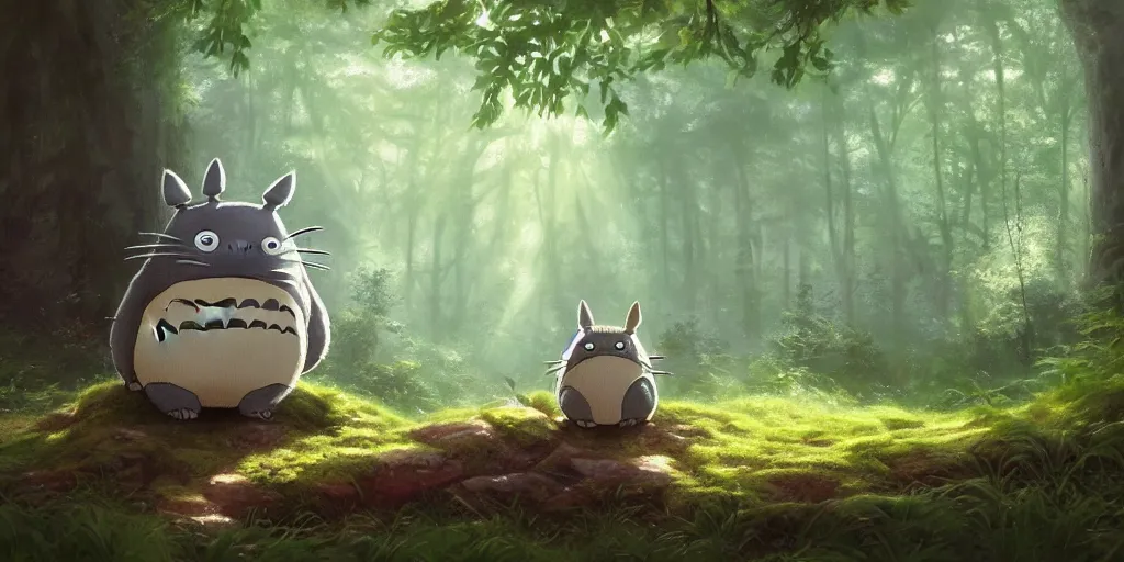 Image similar to Totoro sitting in a forest, fantasy, pixar,, high detail, god rays, painting by greg rutkowski, deviantart, trending on artstation, artstationHD, artstationHQ