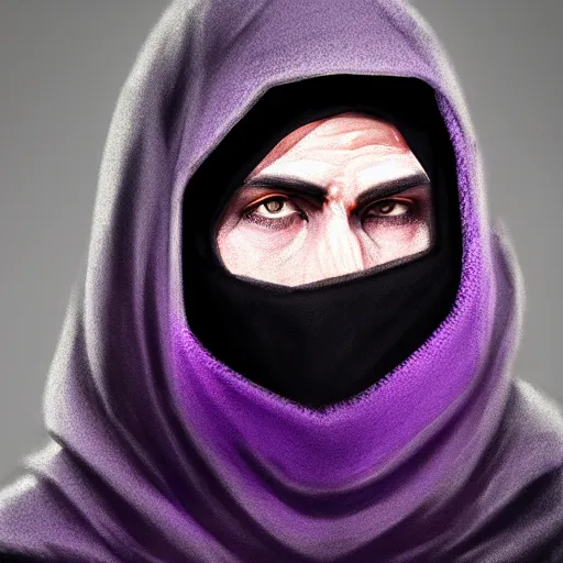 Image similar to ultra realistic illustration, man in a black hood, in a striped purple balaclava, mysterious, highly detailed, digital painting, artstation, concept art, smooth, sharp focus, illustration