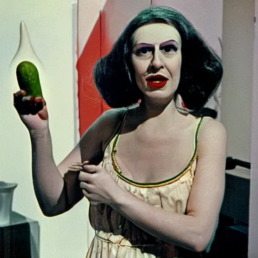 Image similar to 1976 woman on a television show with a long pickle snout nose, big nostrils, wearing a dress, 1976 French film color archival footage technicolor film expired film 16mm Fellini new wave John Waters Russ Meyer movie still